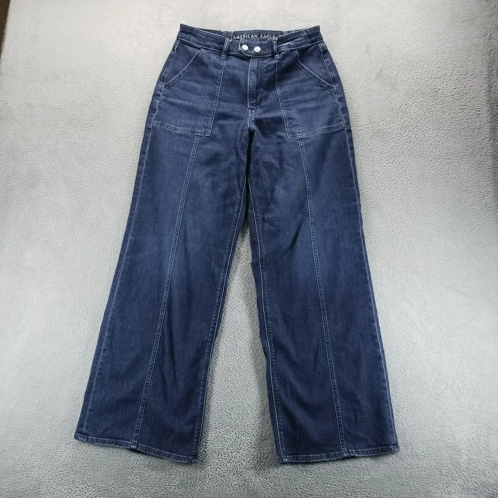 American Eagle Jeans Womens 10 Blue Super High Rise Baggy Wide Leg Dark Wash